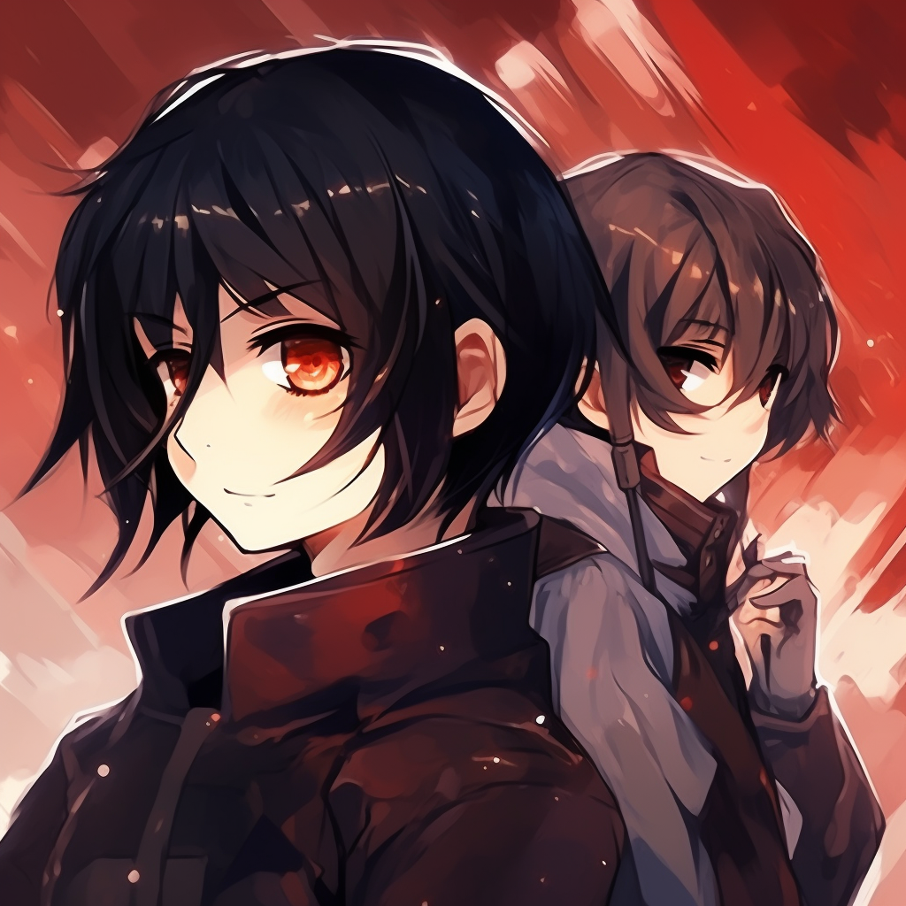 Eren and Mikasa, intense expressions and detailed line work. general anime pfp matching