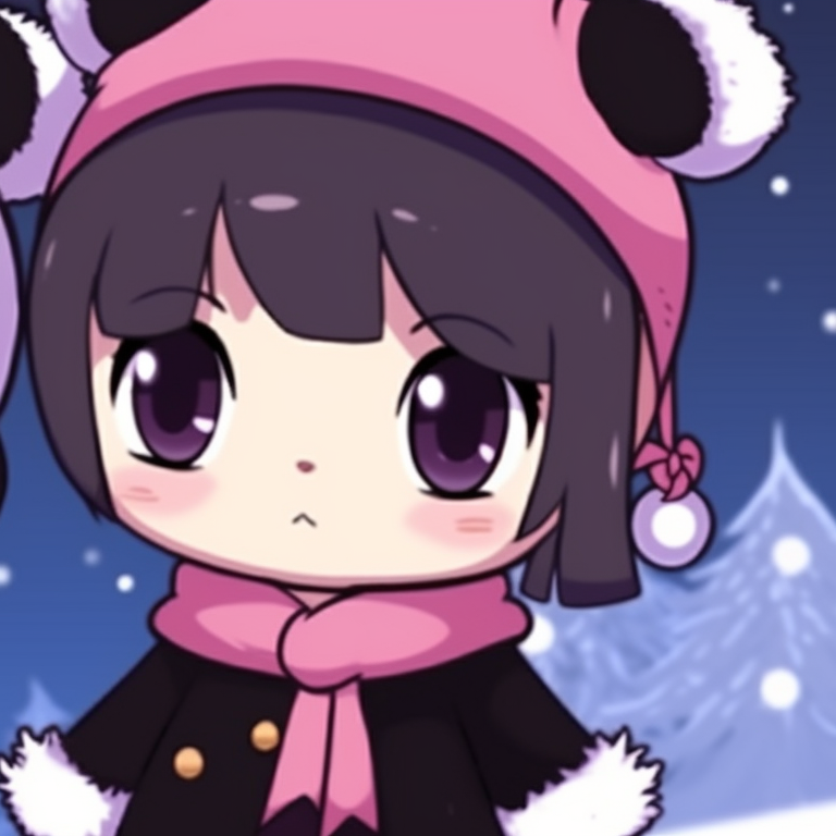 Two characters amidst a Christmas setting, an array of Christmas ornaments, and cool color tones. matching kuromi christmas pfp themes pfp for discord.