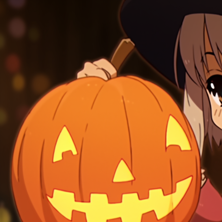 Close-up of two characters smiling at each other, enhanced by the glow of warm colors from their santa-pumpkin hats. cute matching christmas pumpkin pfp pfp for discord.