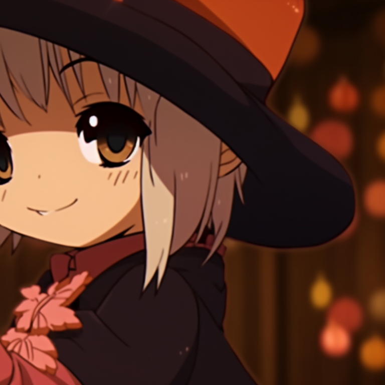 Close-up of two characters smiling at each other, enhanced by the glow of warm colors from their santa-pumpkin hats. cute matching christmas pumpkin pfp pfp for discord.