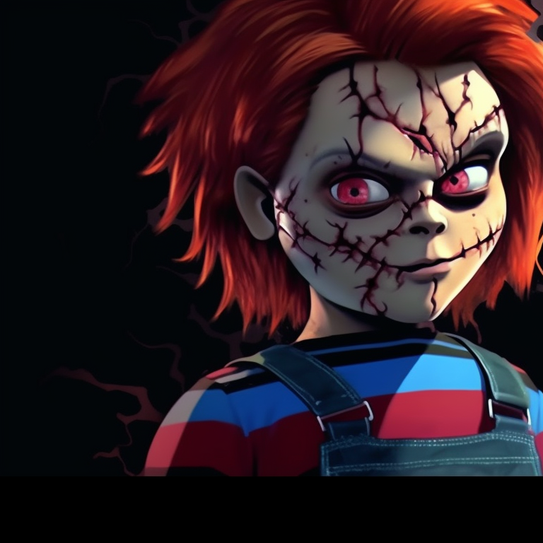 Close-up of two characters, Chucky and Tiffany, with blood splatter and stark contrast. halloween themed pfp with chucky and tiffany pfp for discord.