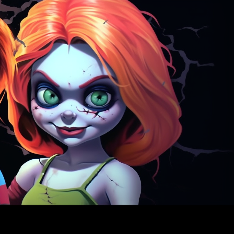 Close-up of two characters, Chucky and Tiffany, with blood splatter and stark contrast. halloween themed pfp with chucky and tiffany pfp for discord.