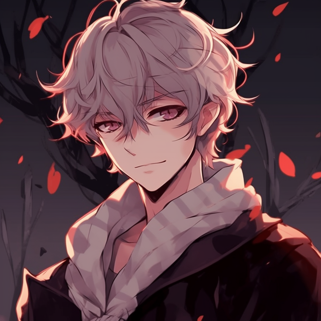 Thoughtful male character gazing in the distance, contemplative expression with muted colors. romantic male anime pfp