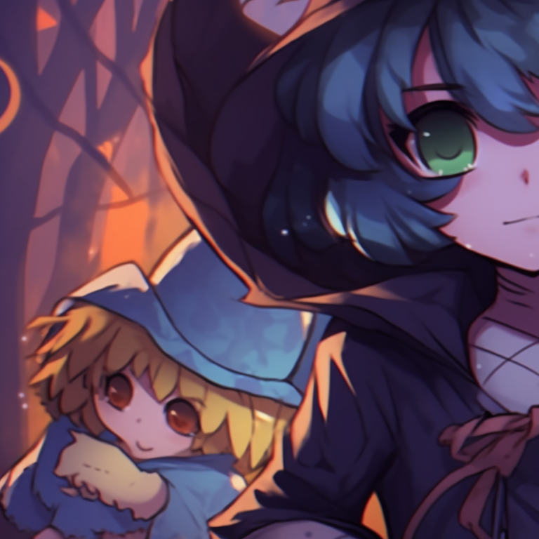 Three characters, dark hues and looming shadows, draped in Halloween gear. matching halloween trio pfp pfp for discord.