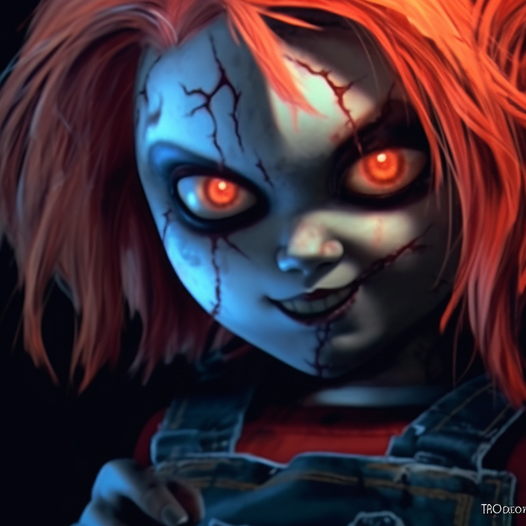 Chucky and Tiffany, with intense expressions, bold lines, and deep contrasting colors. halloween matching pfp: chucky and tiffany theme pfp for discord.