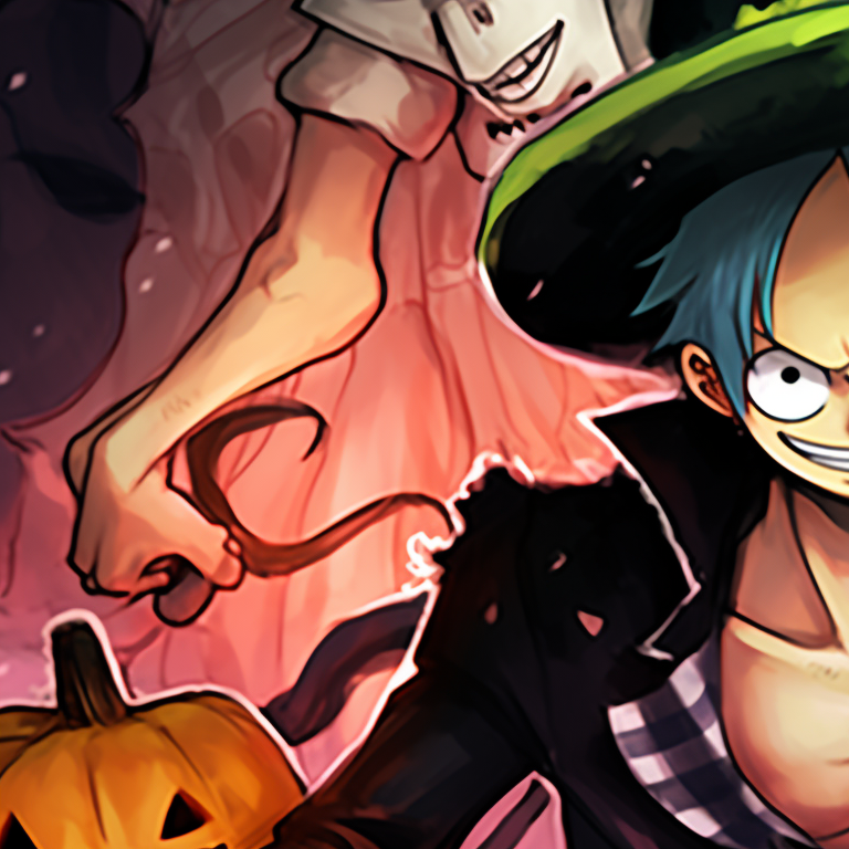 Luffy and Zoro under a full moon, ominous shading and Halloween themed outfits vibrant luffy and zoro halloween theme pfp pfp for discord.