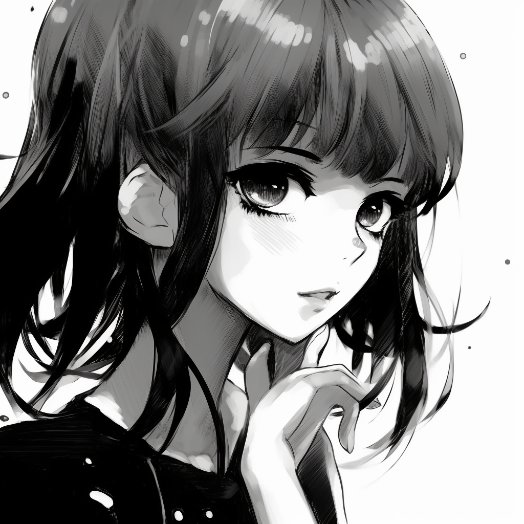 An intricately detailed black and white close-up profile of an anime girl, her silent expression amplified by the monochromatic color scheme. black and white anime girl profile picture