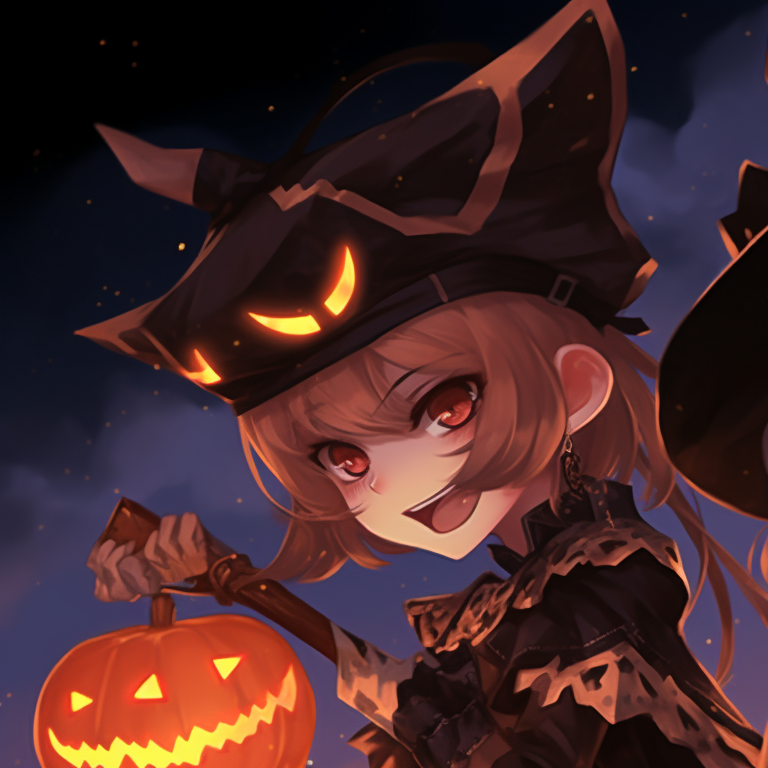 Two characters in detailed Halloween costumes, their expressions are playful and intense, background shows an eerie moonlight. genshin character halloween themed matching pfp pfp for discord.