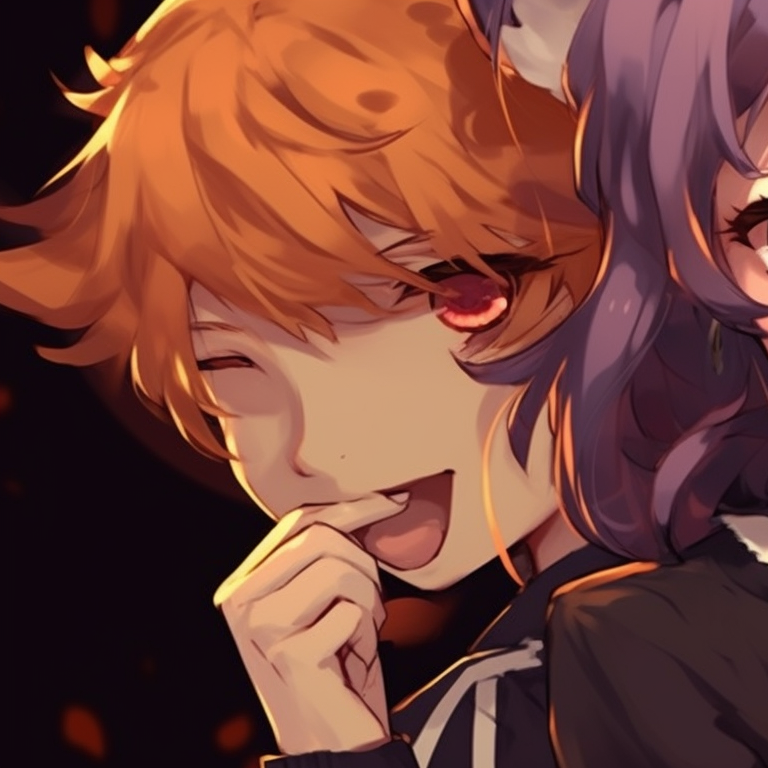 Two characters in striking pumpkin attire, vibrant colors and expressive faces. trendy matching halloween pfp for couples in real life pfp for discord.