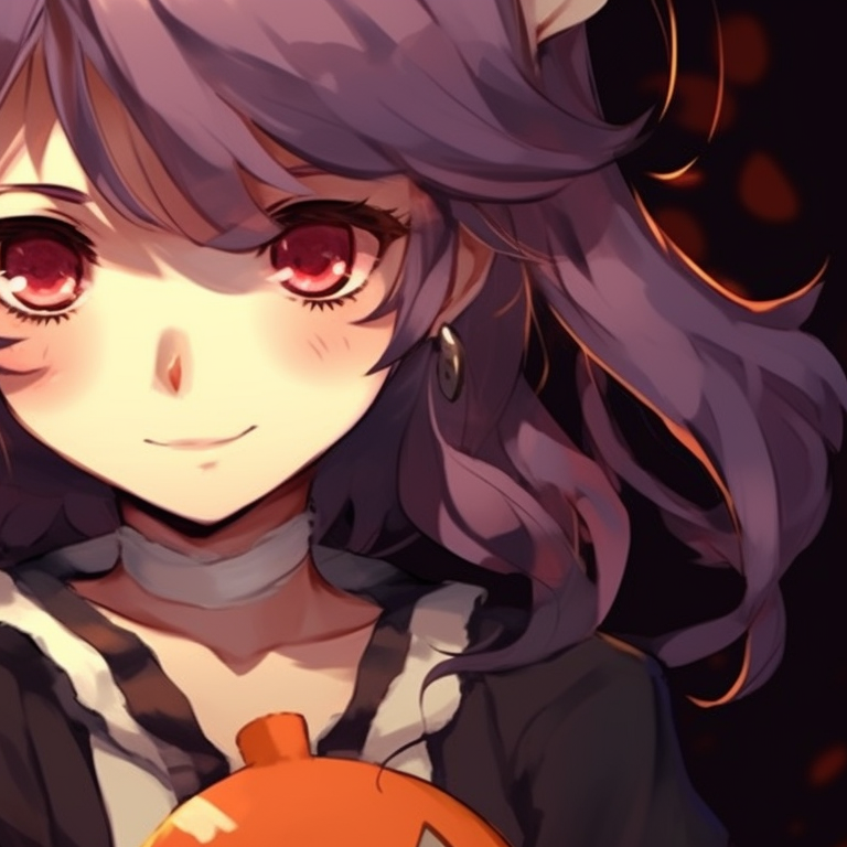 Two characters in striking pumpkin attire, vibrant colors and expressive faces. trendy matching halloween pfp for couples in real life pfp for discord.