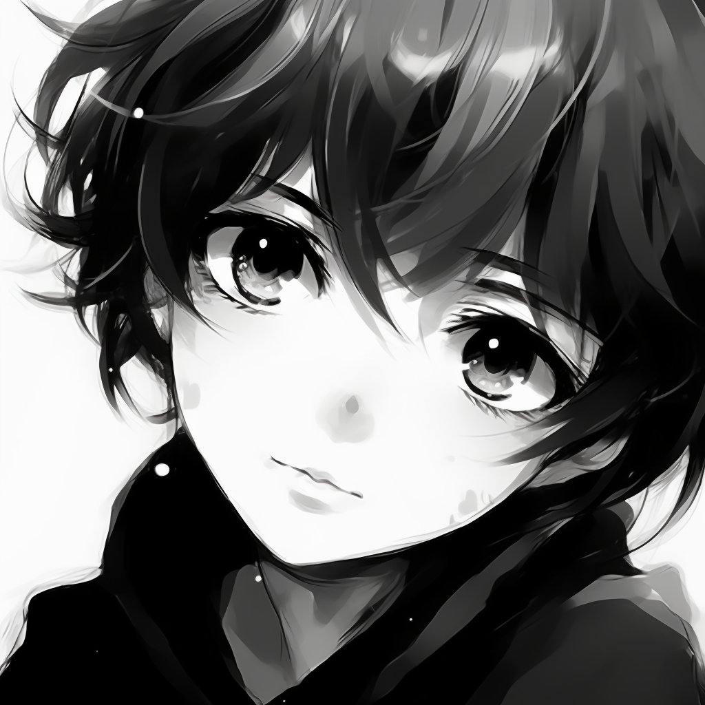 Appealing profile picture featuring a monochromatic manga boy, exuding a vintage feel. eminent black and white anime boy pfp pfp for discord.