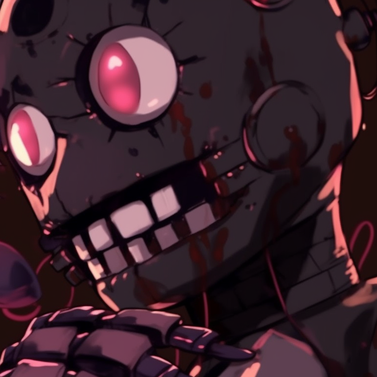 Two fnaf characters, mechanical details and intense glares, hands reaching out to each other. popular fnaf matching pfp designs pfp for discord.