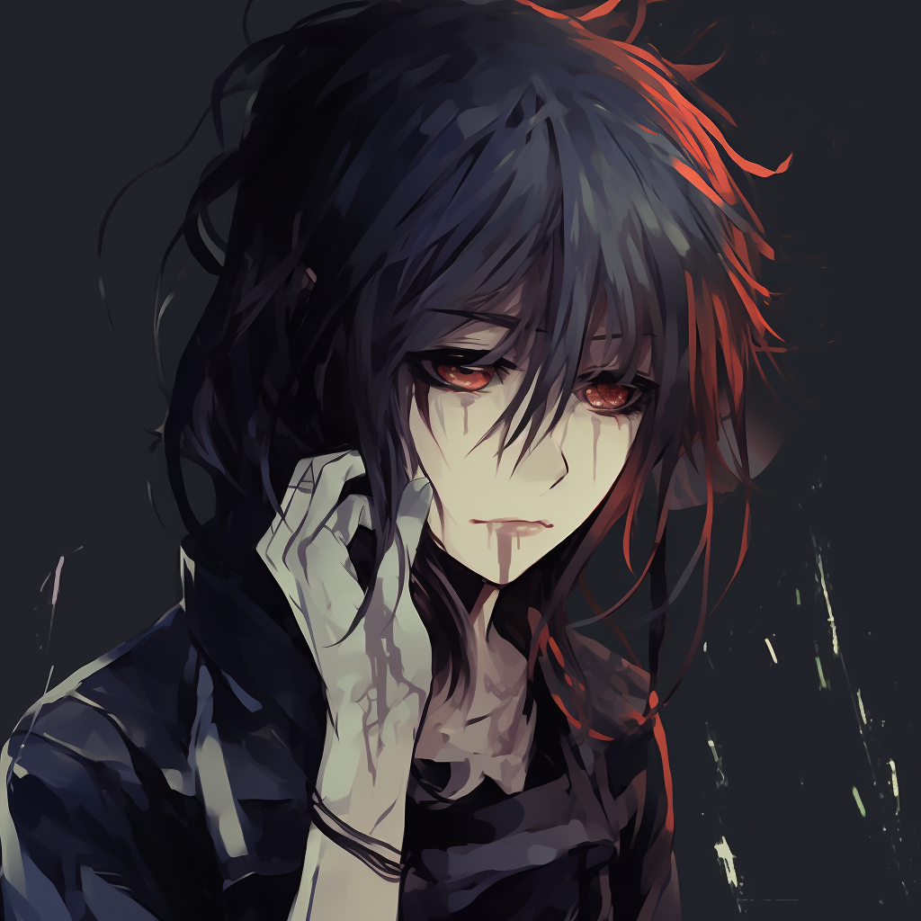 Artistic rendering of a forlorn anime boy, thick outlines, and monochrome palette. depressed anime boy pfp collection