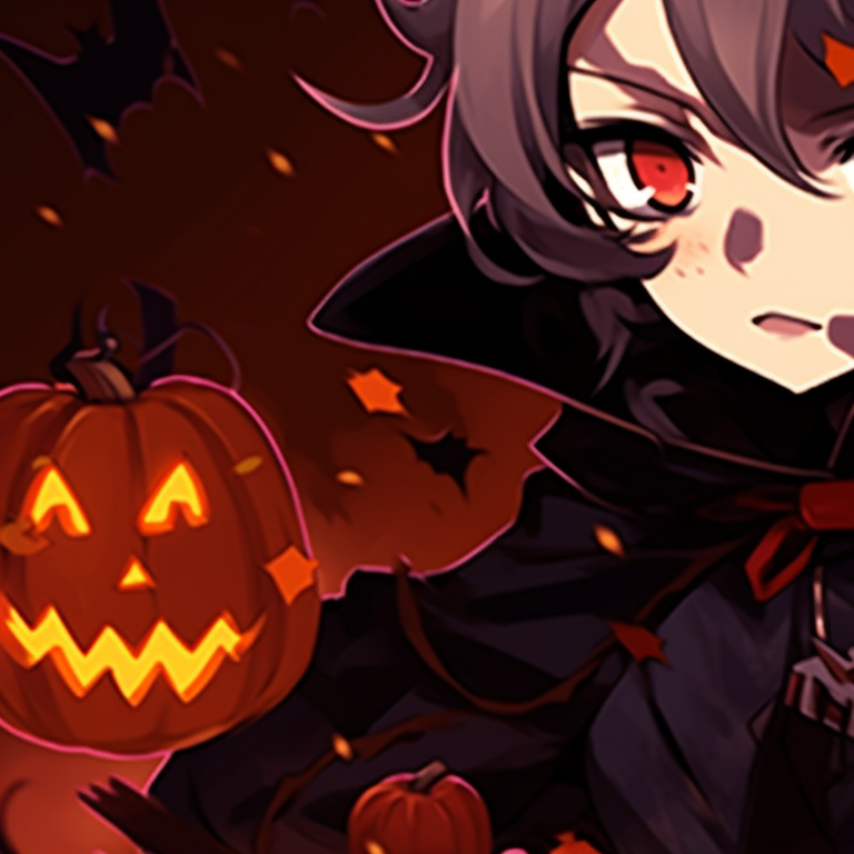 Two characters with haunted expressions, drawn in a gothic anime style, surrounded by bats. unique matching pfp for discord halloween theme pfp for discord.