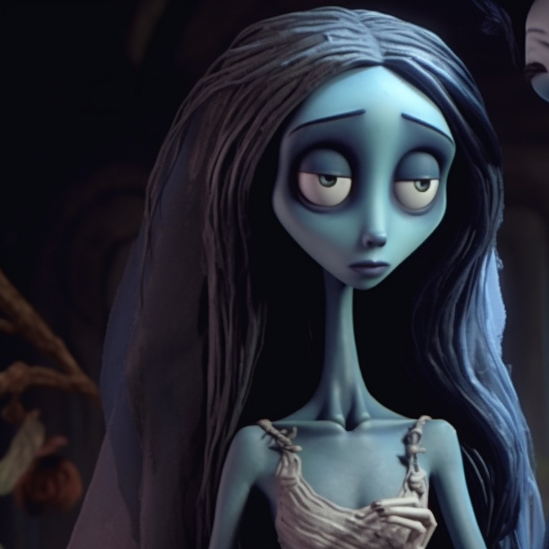 The undead couple in a chapel setting, low light contrast adding to the ghostly atmosphere. hd pfp corpse bride pfp for discord.