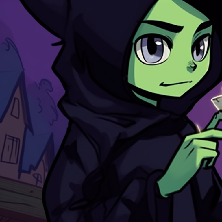 Side profile of both characters, shrouded in a whimsical moonlight, Halloween-themed elements scattered around. beastboy and raven matching pfp in halloween theme sleepover pfp for discord.