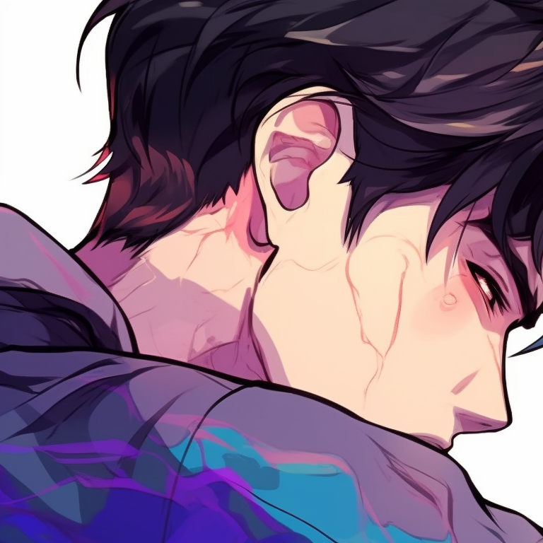 Two male characters, vibrant colors and fluid lines, interlocked fingers. custom bl matching pfp pfp for discord.