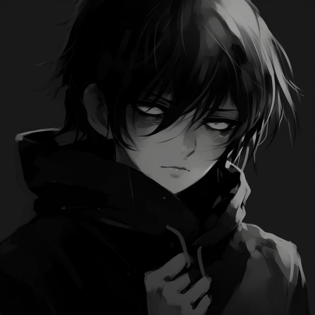 Silhouette of an anime character against a dark backdrop, strong use of negative space and monochrome tones. exceptional darkness anime pfp pfp for discord.