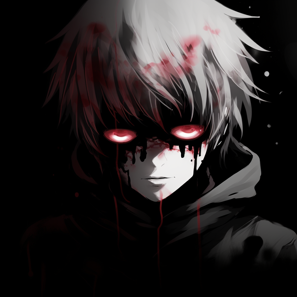 Close-up of an intense looking Kaneki from Tokyo Ghoul, high contrast and fine details. scary anime pfp for boys pfp for discord.