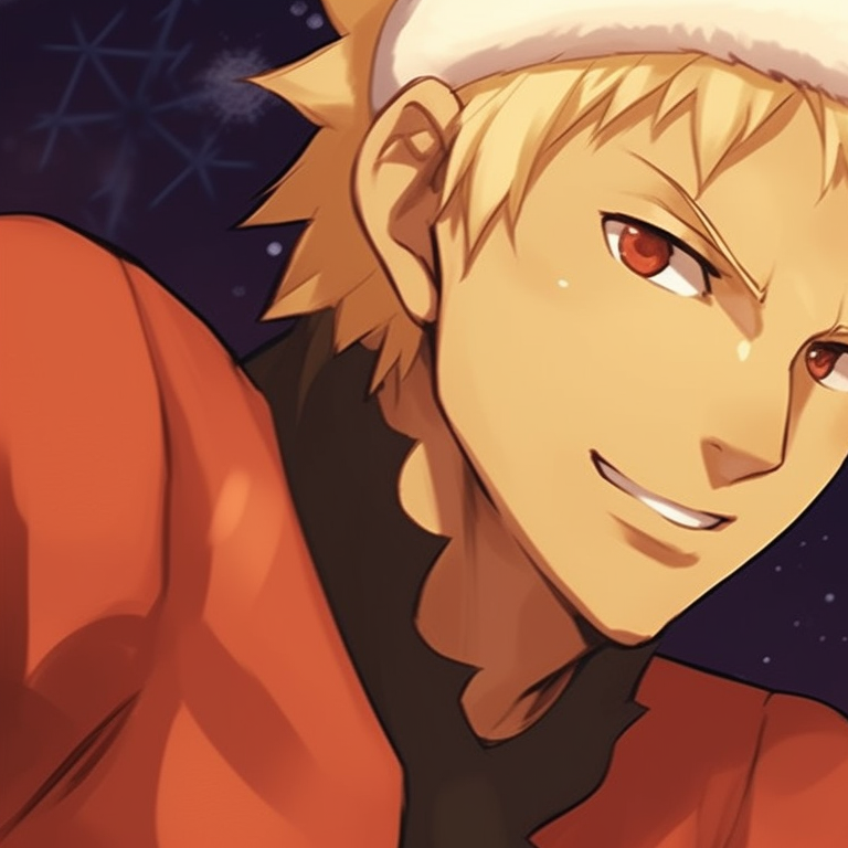 Close up of two characters, red and green tones, sharing a Christmas cake. top-tier naruto christmas matching profile pics pfp for discord.