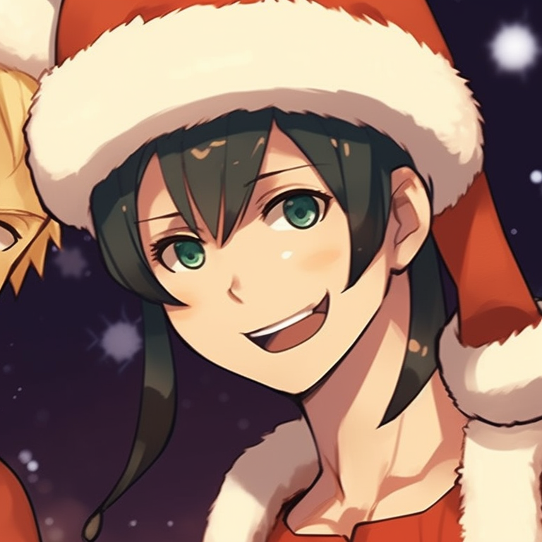 Close up of two characters, red and green tones, sharing a Christmas cake. top-tier naruto christmas matching profile pics pfp for discord.