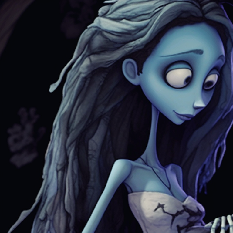The bride and groom shrouded in shadows, emphasizing their contrasting life state. hd pfp corpse bride pfp for discord.