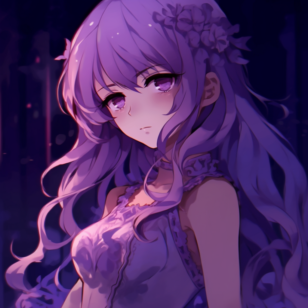 Profile of an anime queen under the starlight, deep purple shades and precise line work. elegant purple anime pfp girls