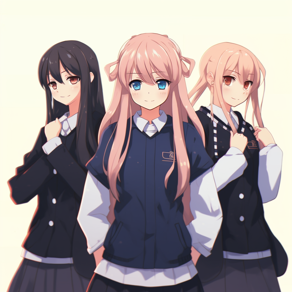 Three anime girls in school attire, vibrant colors and uniform styling. anime pfp girl trio pfp for discord.