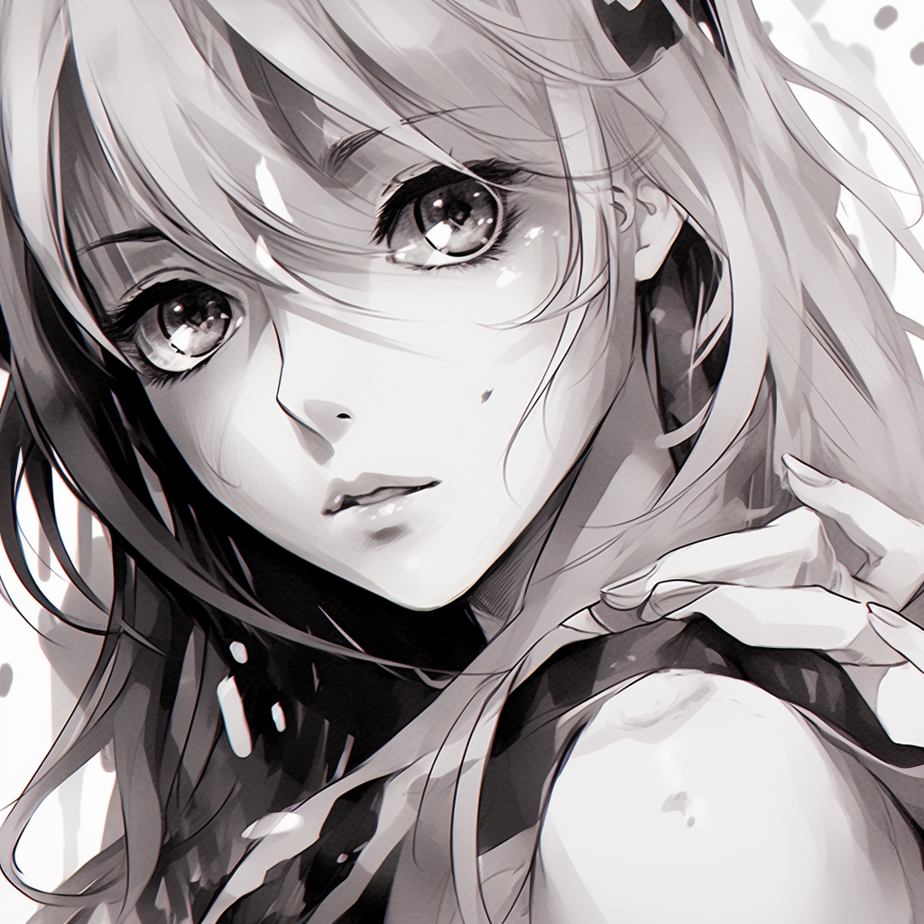 Profile of an anime girl, crafted using black and white strokes, emphasizing the character's hair adornments and facial structure. anime pfp girl in black and whiteHD, free download