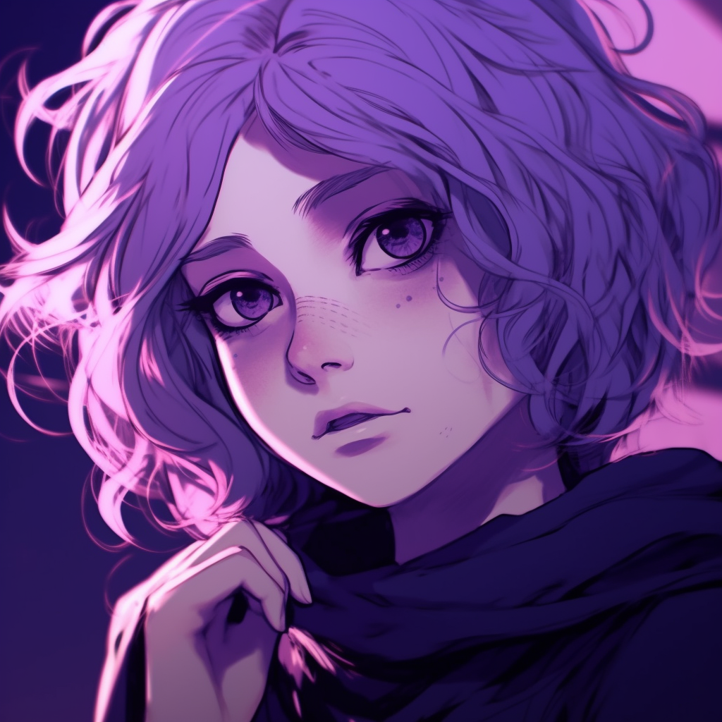 Portrait of a serene anime girl with purple hair and soft shading. anime purple pfp inspirations pfp for discord.