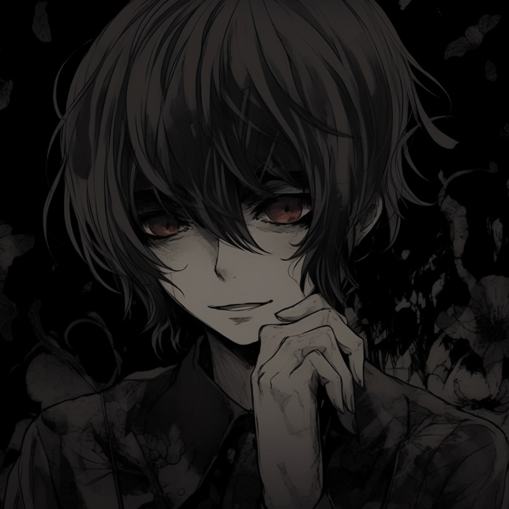 Intense monochrome picture of an anime character, carrying a gripping dramatic expression. anthology of anime pfp dark aesthetic pfp for discord.