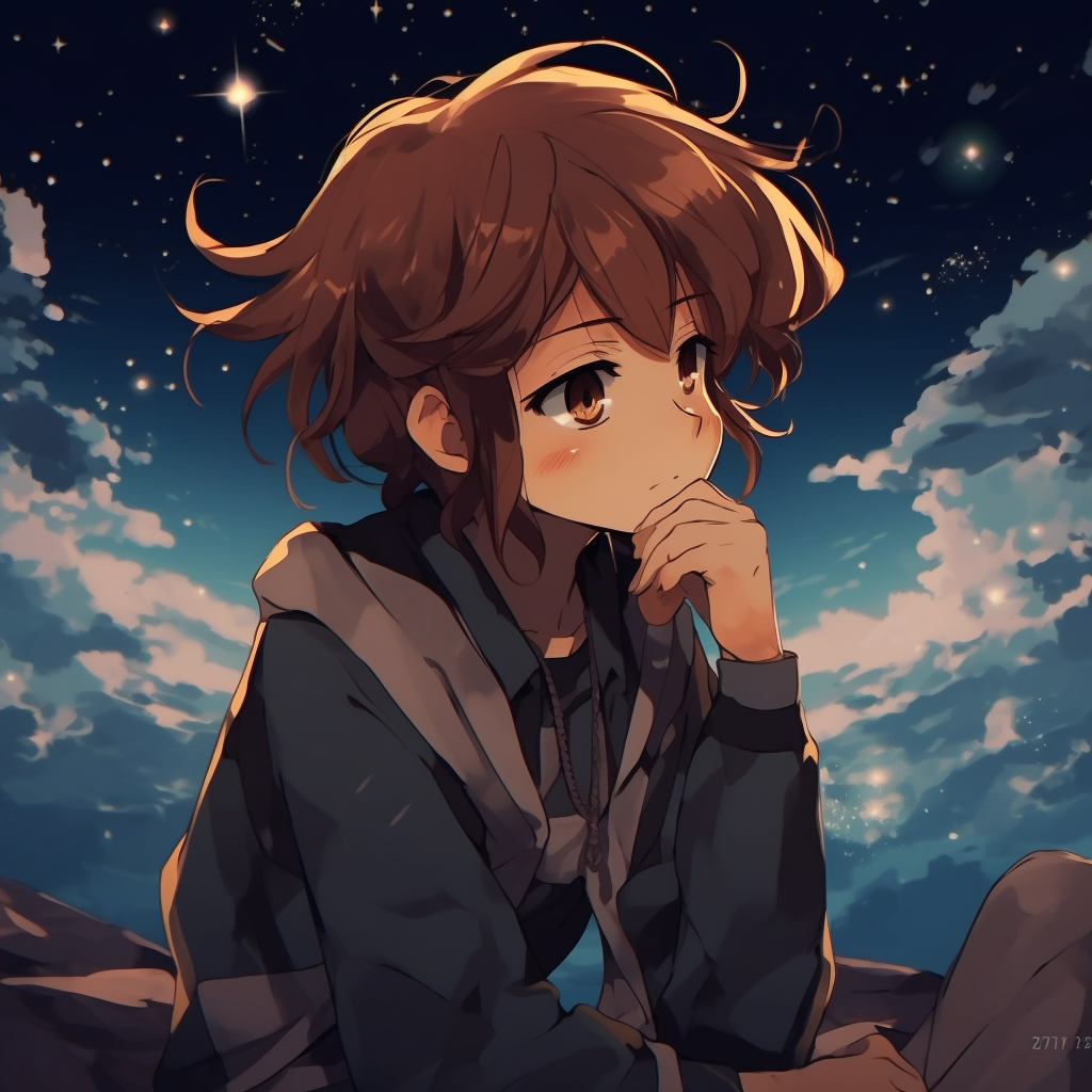 Anime boy gazing at a starry night sky, dark saturated colors. aesthetic cute anime pfp for all pfp for discord.