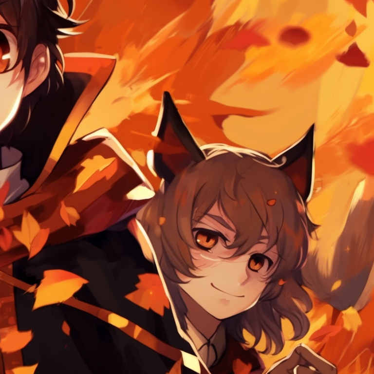 Two characters with pumpkin-themed accessories, humorous expressions, warm orange and soft yellow colors. halloween theme matching pfp for boyxboy pfp for discord.