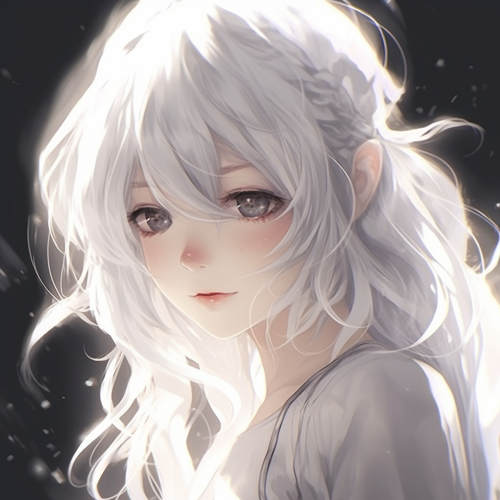 An anime girl with white hair and boundless eyes, rich colors with detail on the eyes. white hair anime pfp girl