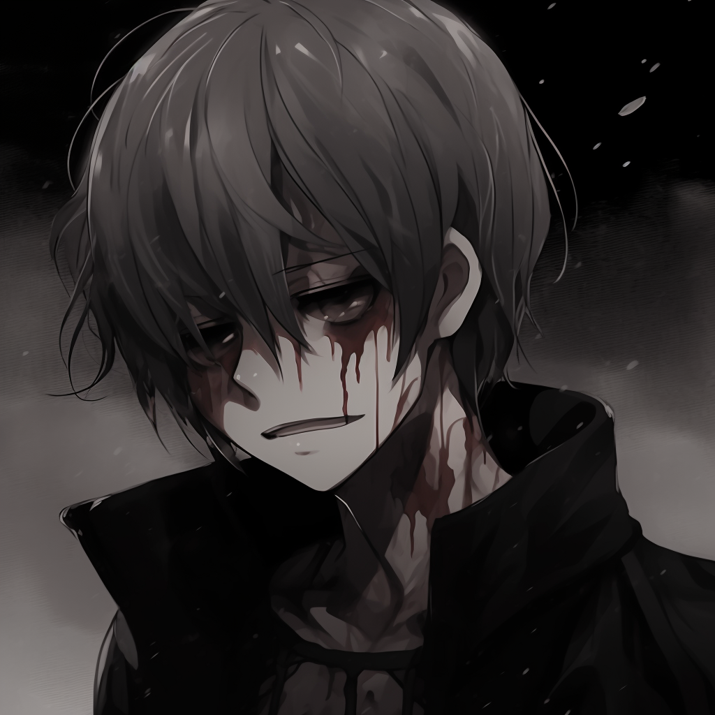 Detail shot of sad Kaneki, characterized by a monochrome style with a stark red accent. exclusive anime pfp sad images pfp for discord.