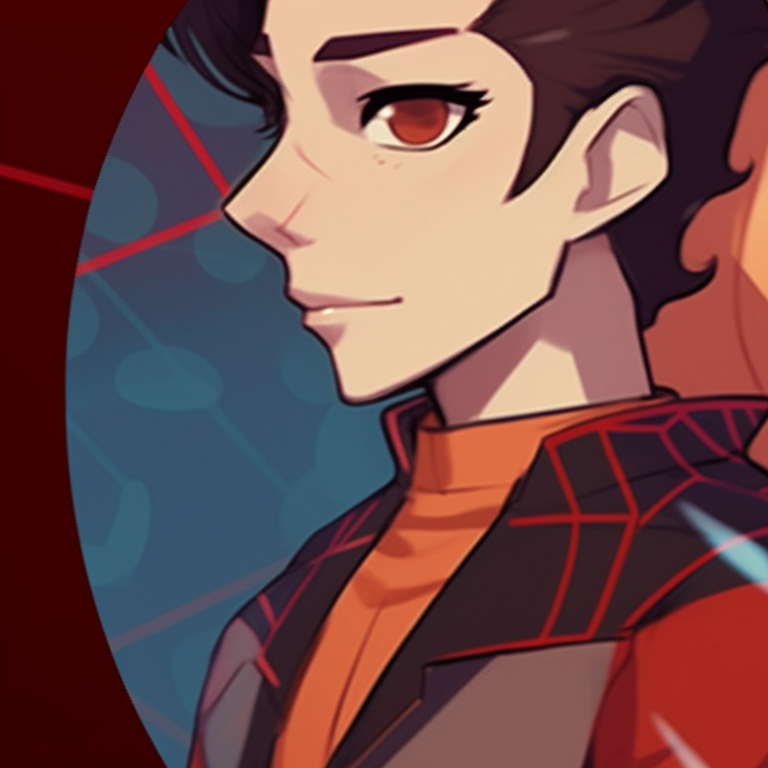 Miles and Gwen in half-shadow, bold contrasts and intense expressions, focal detail on Spider-Man logos. significance of miles and gwen matching pfp pfp for discord.