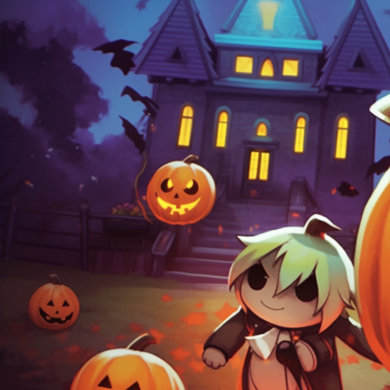 A pair of Togepi Pokémon, one popping out of a Halloween bucket, the other wearing a ghost sheet, against a twilight backdrop. classic matching pokemon pfp with halloween theme pfp for discord.