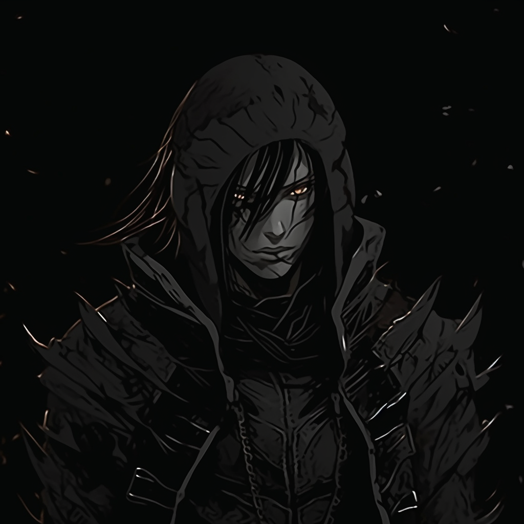 A warrior profile where shadows play heavily, a portrayal of dramatic lighting and character depth. illustrated dark aesthetic pfp pfp for discord.