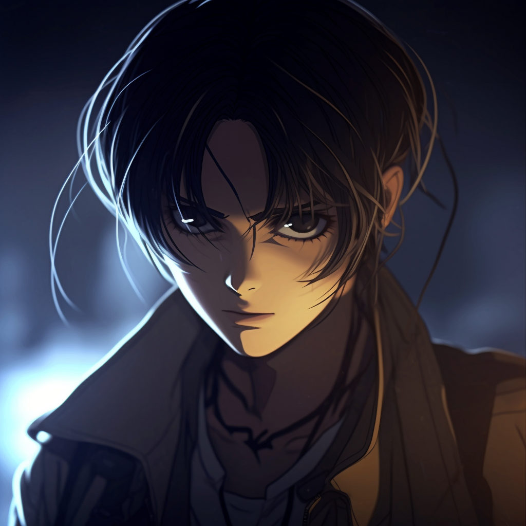 Close-up shot of Levi Ackerman's face, sharp features and a stern look. anime boy pfp styles anime pfp