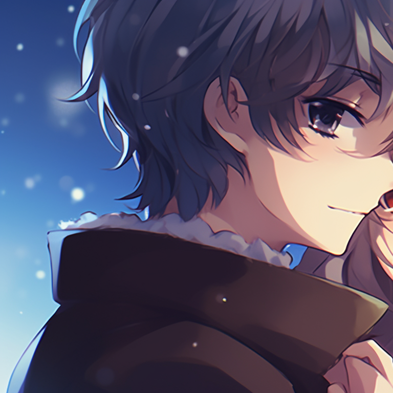 Two characters under a starry winter night, subtle blues and whites, their breath visible in the frosty air. beautiful matching christmas pfp anime pfp for discord.