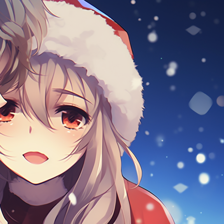 Two characters under a starry winter night, subtle blues and whites, their breath visible in the frosty air. beautiful matching christmas pfp anime pfp for discord.