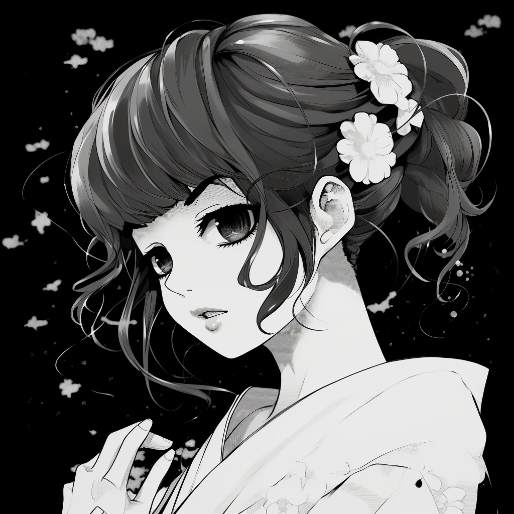 Charismatic anime girl facing the sea breeze, the silhouette and windblown hair add a dynamic element. anime profile picture black and white female
