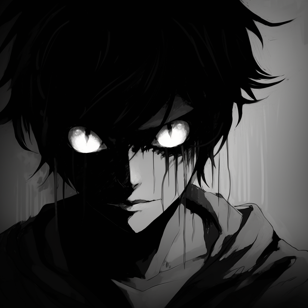 A close-up of the character's darkened eyes, blending beautifully with the gothic aesthetic. scary anime pfp with aesthetic touch pfp for discord.