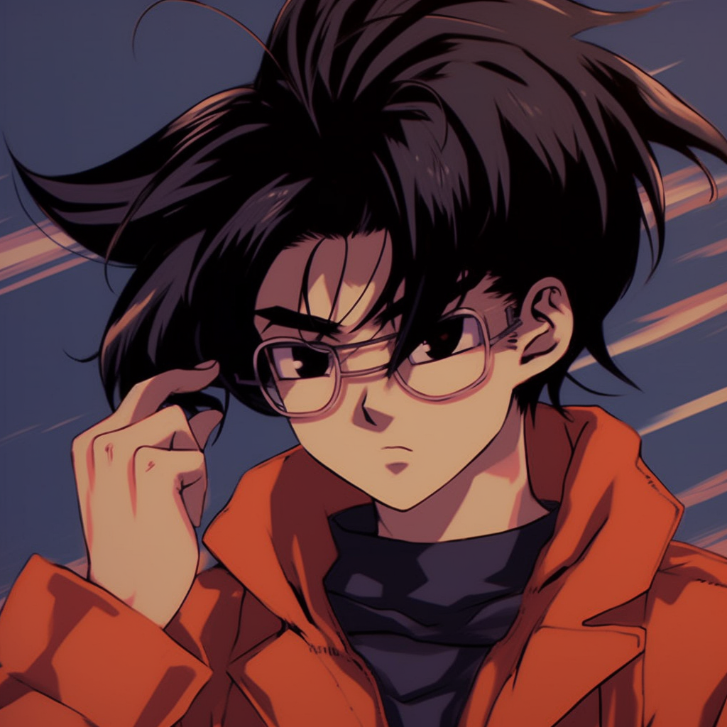Goku in his natural hair color and casual clothing, intense look and strong linework. 90s anime pfp ideas to create your own designs