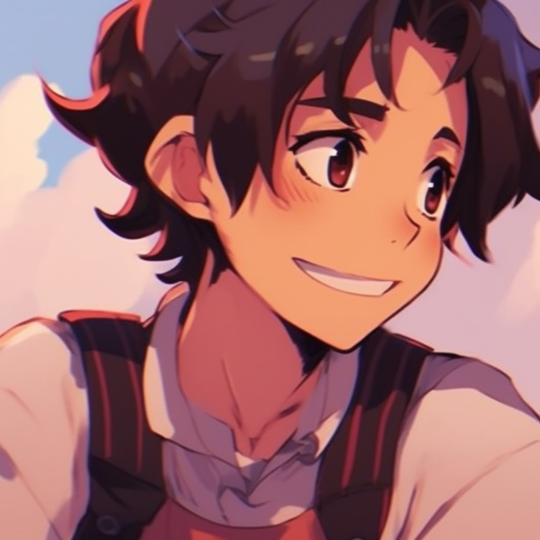 Side view of two characters, bright smiles and eye contact, displaying shared joy. real life matching pfp for besties pfp for discord.