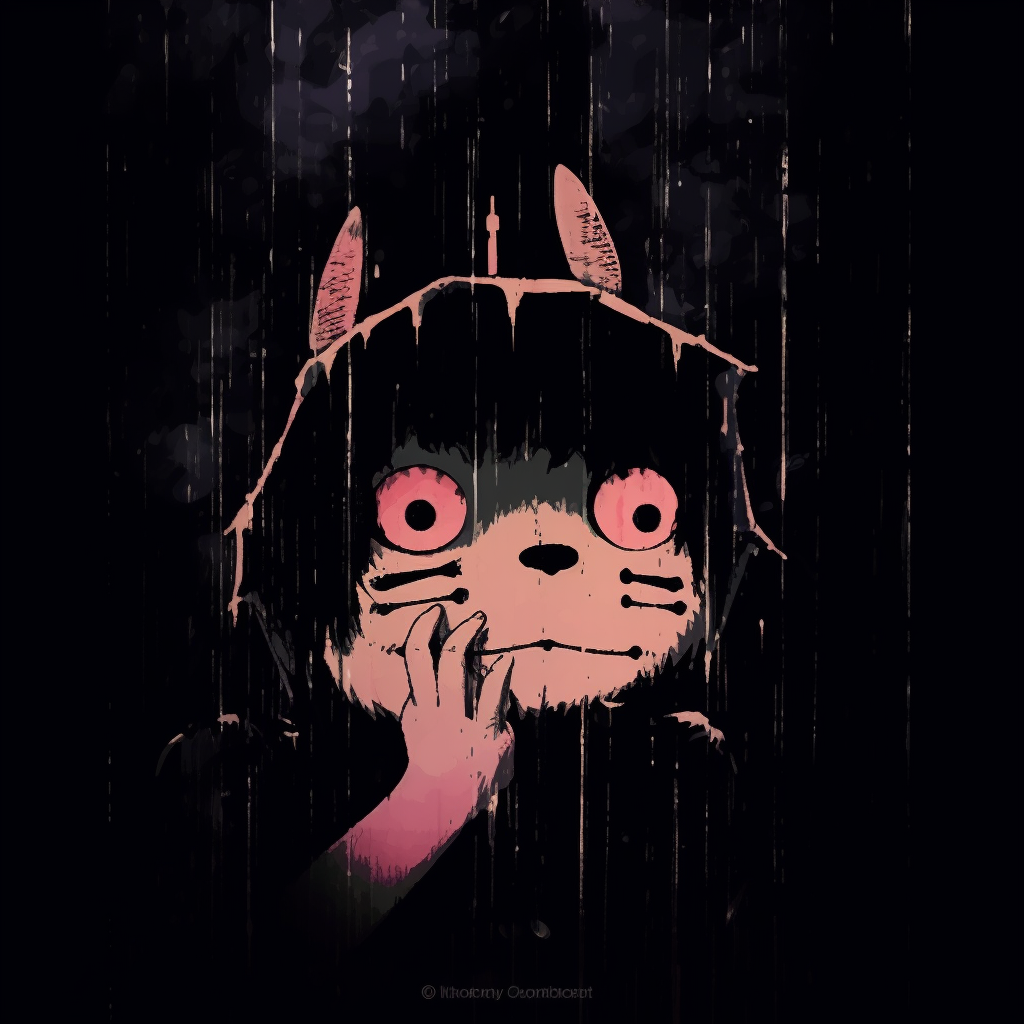 Detailed sketch of Totoro in distressing style, grunge elements and monochrome colors. anime inspired grunge aesthetic pfp pfp for discord.