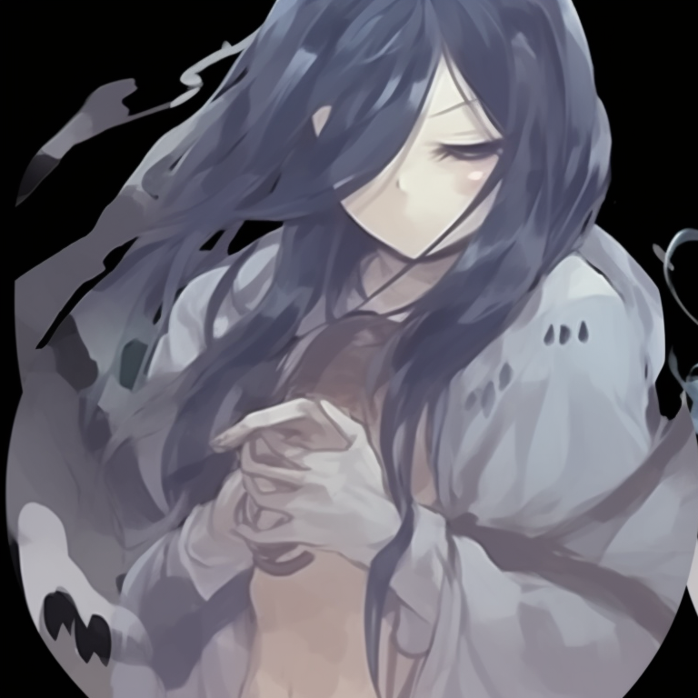 Characters donned in creepy costumes, darker color palette with pops of bright and unsettling colors. halloween anime pfp designs pfp for discord.