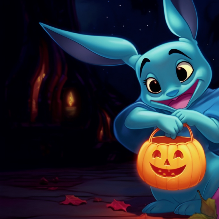 Lilo and Stitch shown with bags full of candies, dressed in matching clown outfits, bright and exaggerated colors. halloween-themed lilo and stitch matching profile pictures pfp for discord.
