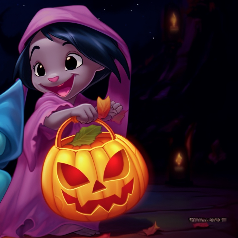 Lilo and Stitch shown with bags full of candies, dressed in matching clown outfits, bright and exaggerated colors. halloween-themed lilo and stitch matching profile pictures pfp for discord.