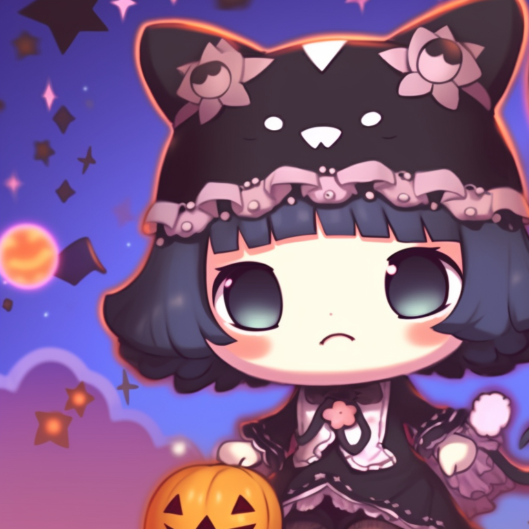 Characters standing close, surrounded by gloomy Halloween motifs, shades of purple and black dominating. kuromi matching pfp halloween theme outfits pfp for discord.